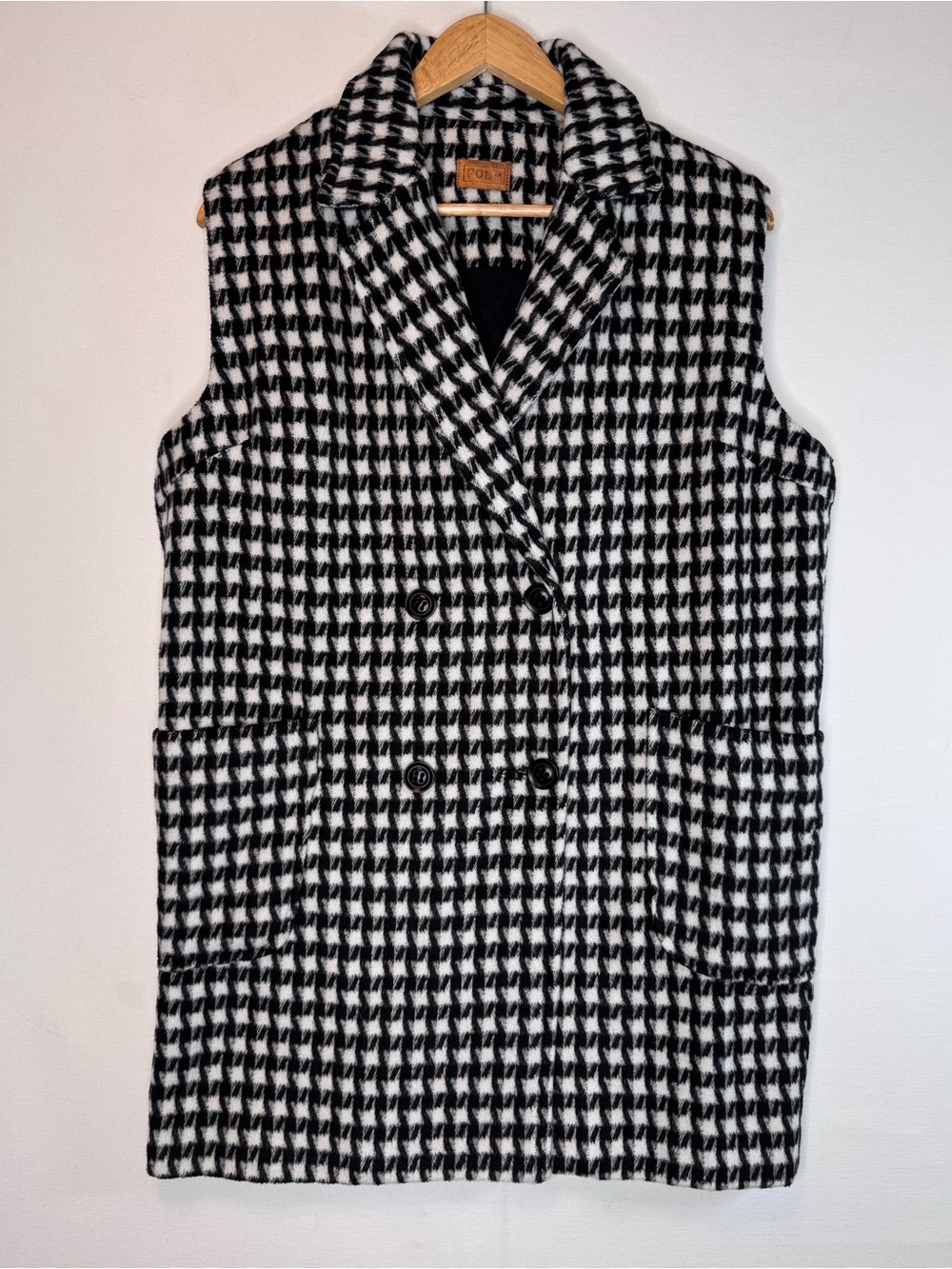 POL Double Breasted Knit Vest Black White Houndstooth size medium lined collared